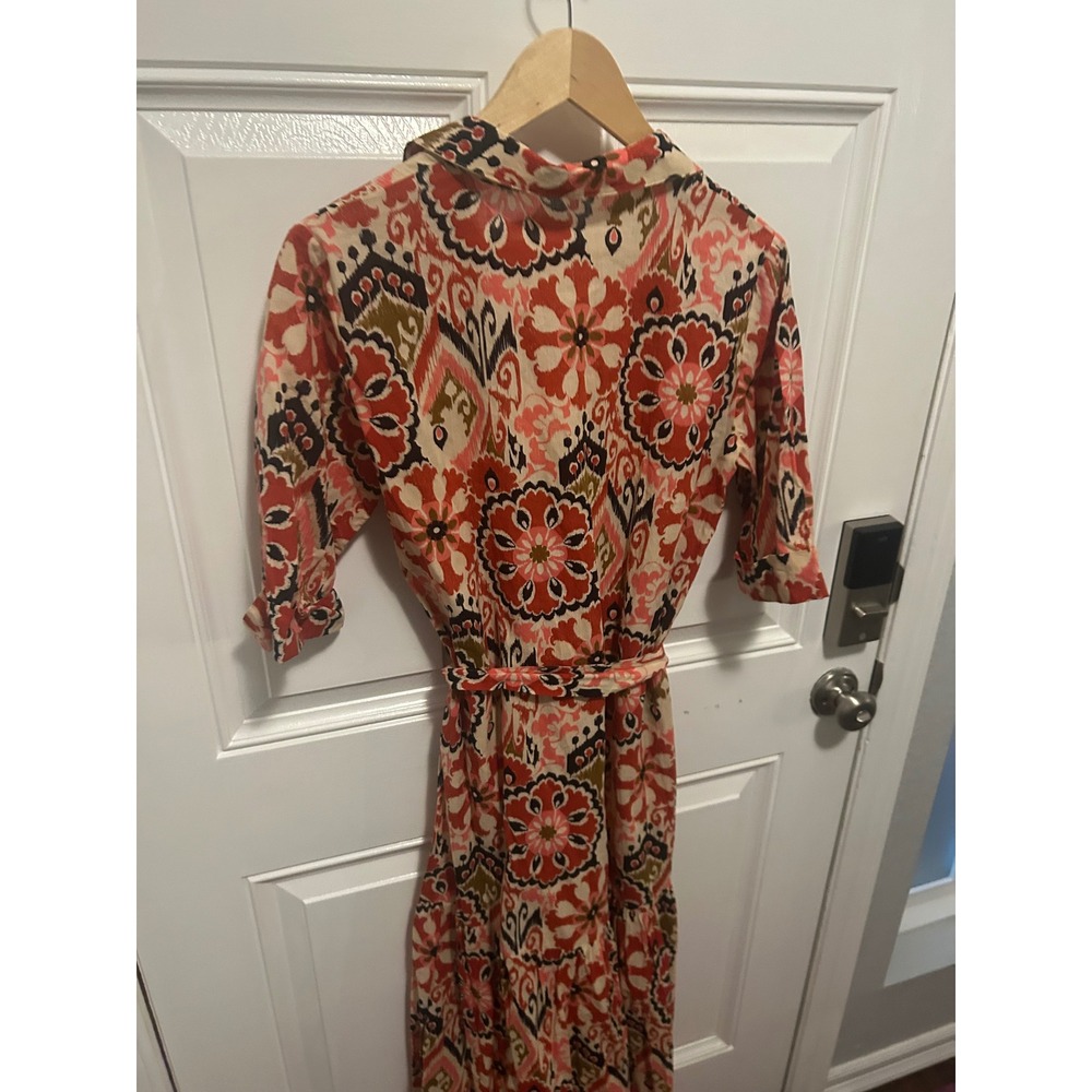 Zara Womens Pink Orange Ikat Floral Tiered Midi Shirt Dress Size Medium Belted - Picture 6 of 6